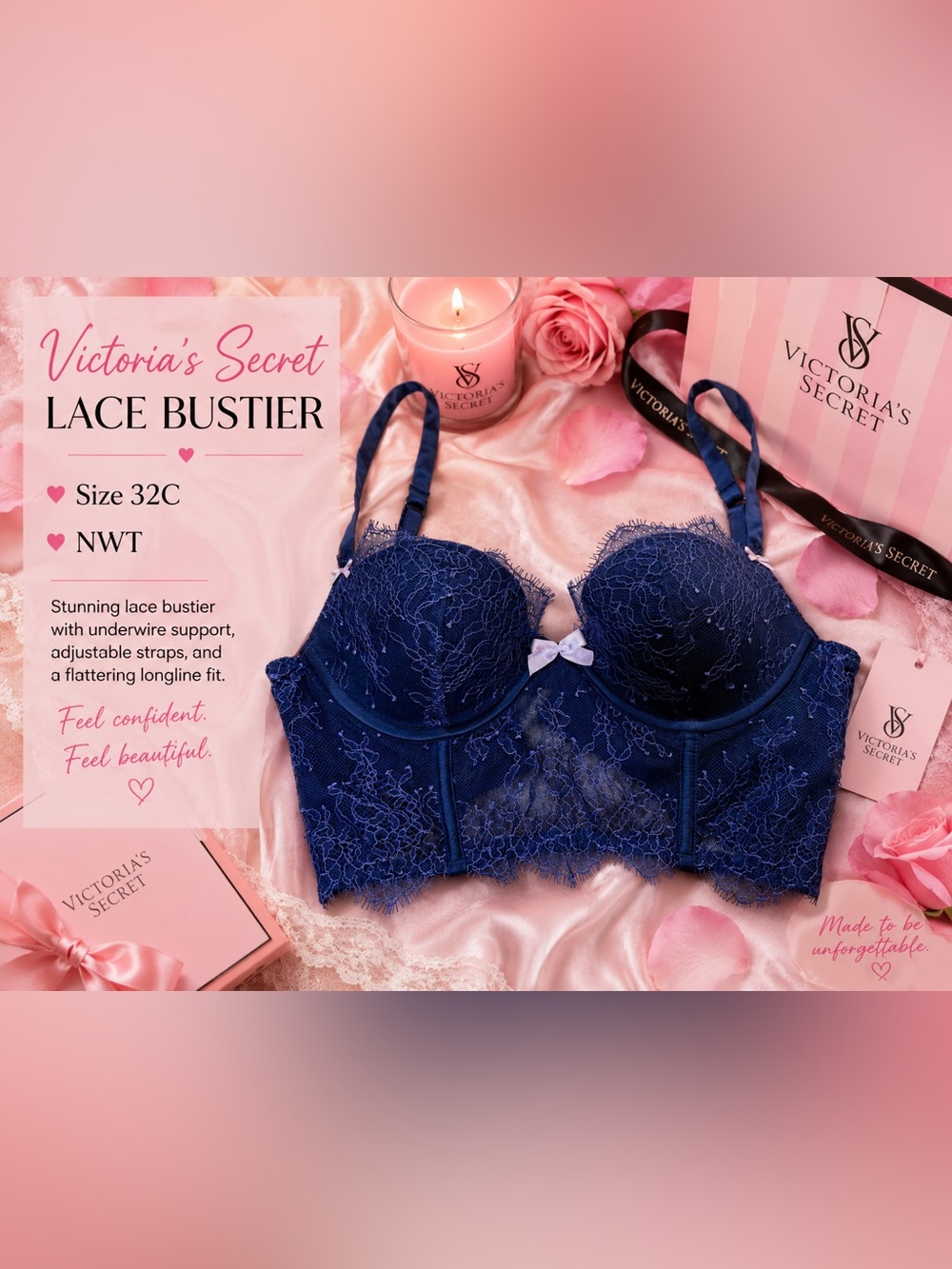Victoria's Secret Navy Blue Lace Longline Bustier Bra